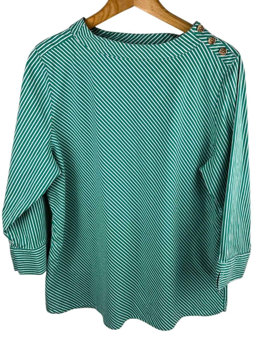 Chico's Green & White Striped Button Shoulder Top - (XL). #283
